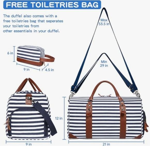 Striped Blue and White Travel Bag with Brown Accents - Picture 2 of 7